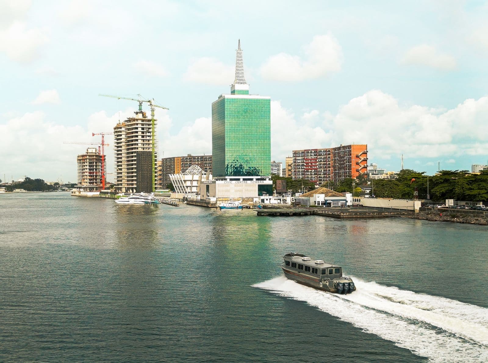 The Lagos lagoon with the city skyline behind it